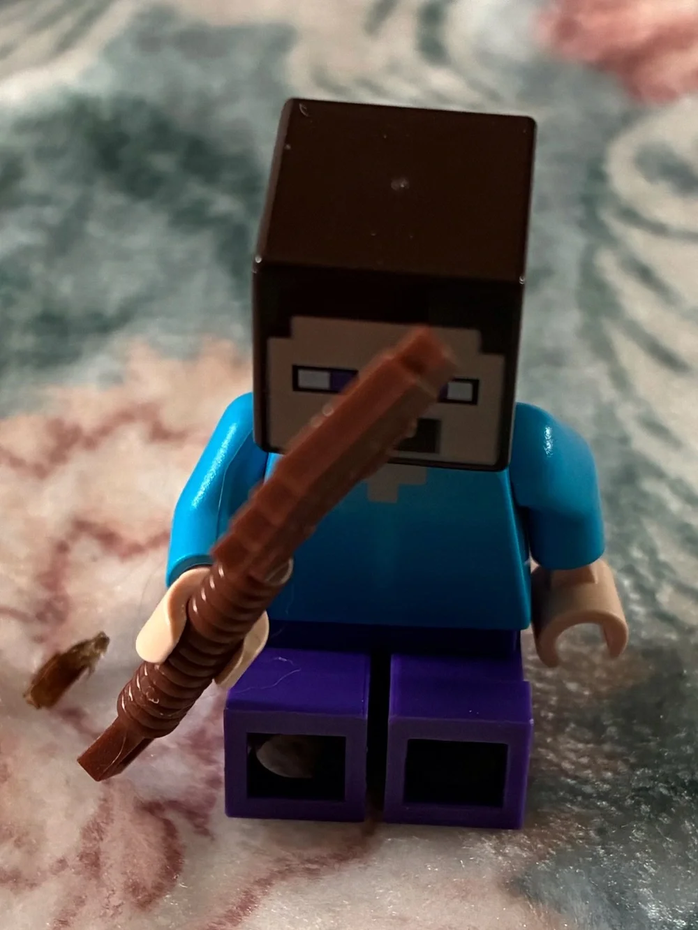 Minecraft Steve Style Minifigure with Brown Pickaxe - Blue & Purple